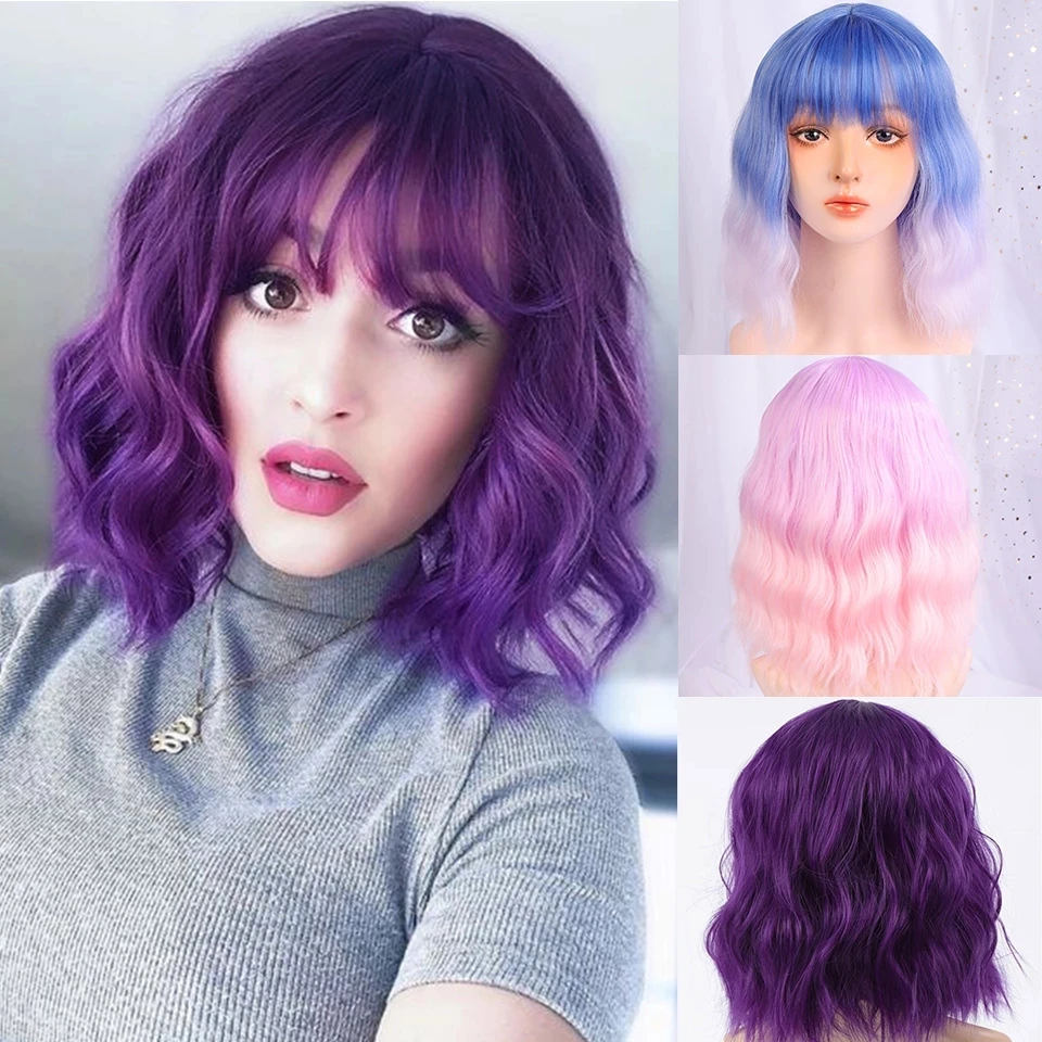 Sintéticas para as Mulheres Onda de Água Peruca com Franja Lupu Perucas Curto Natural Preto Loiro Rosa Lolita Cosplay Festa Cabelo Peruca Bob