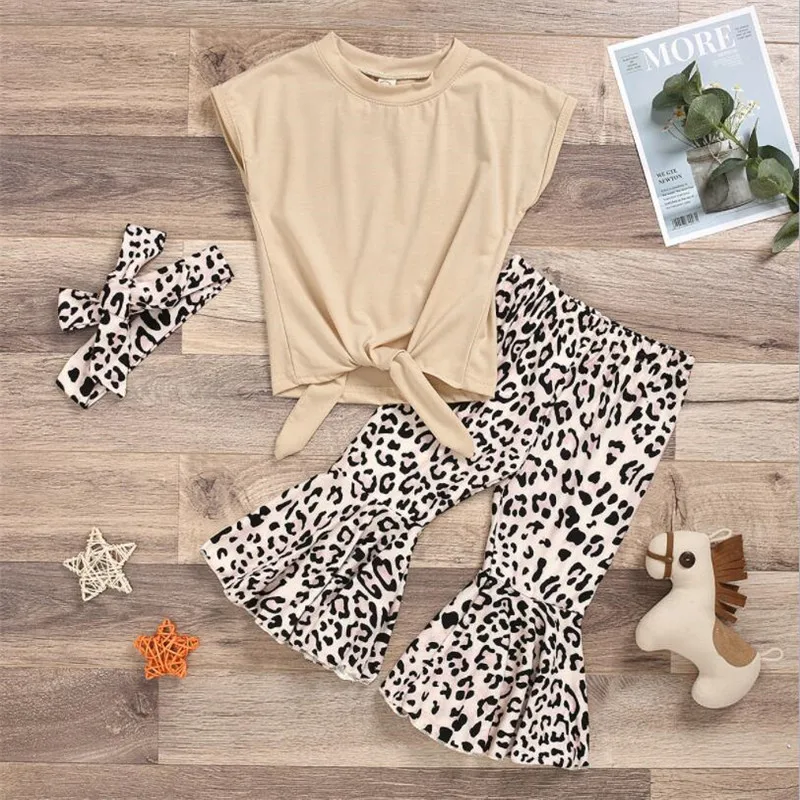 

Spring Summer Girls Clothing Outfits Kids Sets 3 Pcs T Shirt + Pants + Headband Leopard Print Children Clothes for 1-5 Years