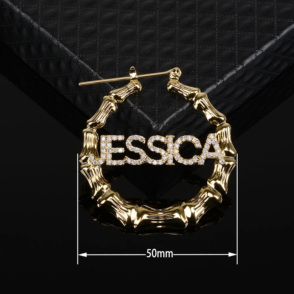 

Bamboo Hoop Earrings Personalize Name Earrings Big Custom Letter Earring Copper CZ Stone Inlaid Women Jewelry for Gift