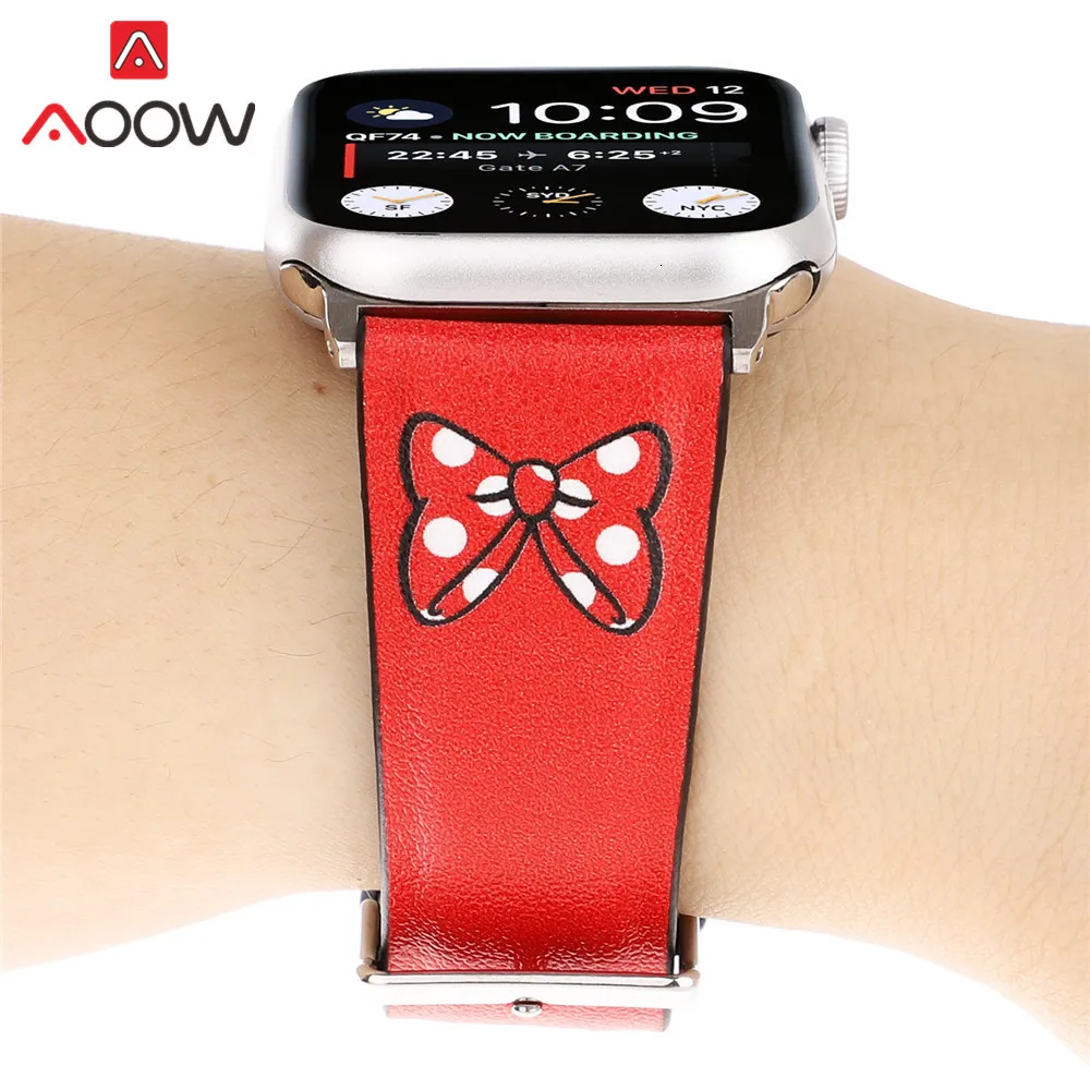 Кожаный ремешок для часов с мультяшным принтом для Apple Watch 40 мм 44 мм 38 мм 42 мм Микки браслет с подвеской в виде мыши ремешок для iWatch 1 2 3 4