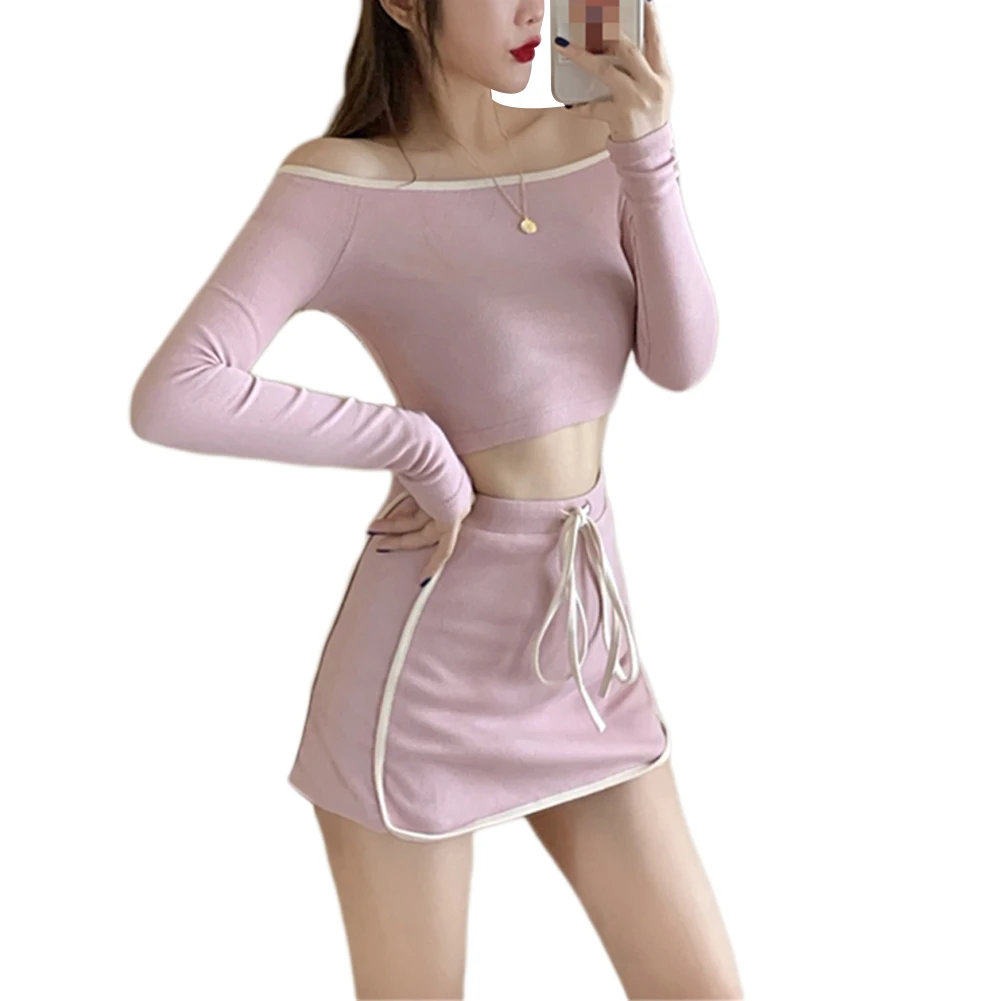 

Women Two Piece Outfits Sets Long Sleeve Off-Shoulder Tops High Waist Short Skirt with Drawstring