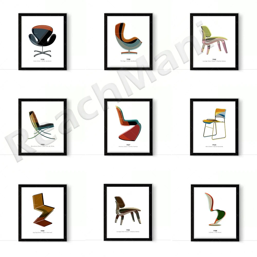 

Barcelona chair, Eames chair, egg chair, rocking chair, S chair, Bauhaus poster, Eames chair printing, iconic wall art designer
