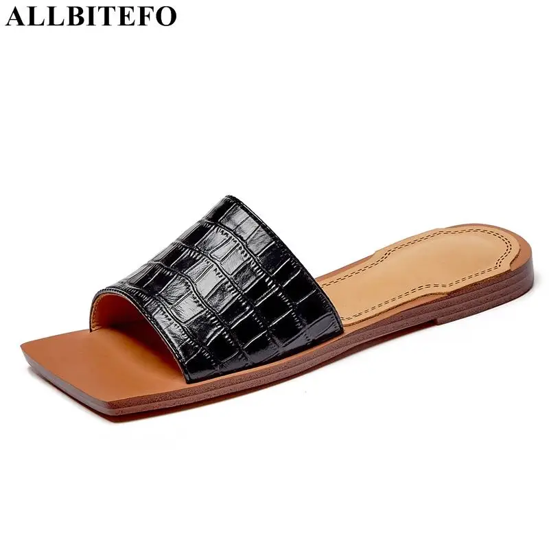 

ALLBITEFO real genuine leather women beach sandals heels shoes fashion leisure summer cool women slippers outdoor flip flops