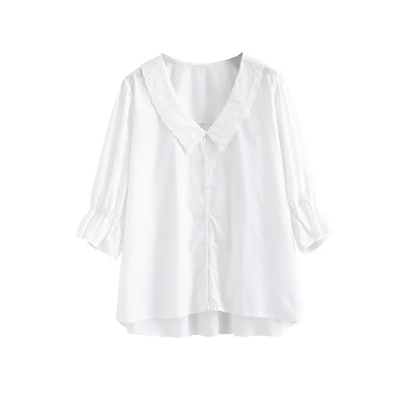 

2021 Summer new style embroidery lapel white shirt design puff sleeve western style top women