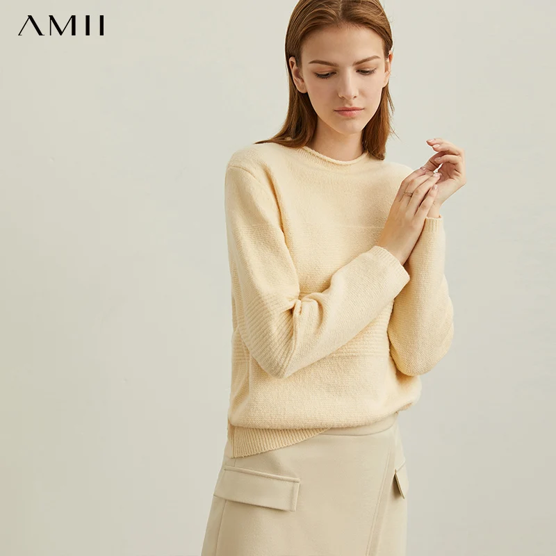 Amii осенний женский элегантный свитер Модный свободный теплый с круглым