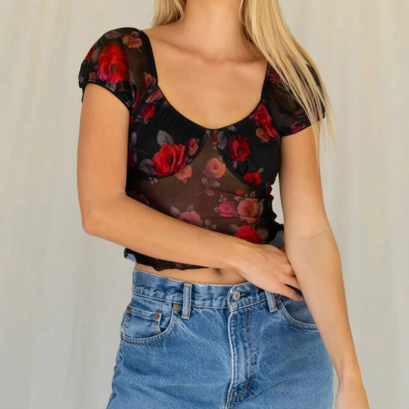 

Ladies V-Neck Mesh Puff Sleeve Rose Flower Print Top Short Sleeve Summer Casual Women's Perspective T-Shirt