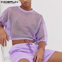 incerun men mesh sets see through solid color short sleeve crop tops shorts 2021 streetwear breathable party casual men suits