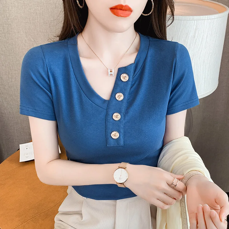 

Solid New Summer Cotton Irregular V Neck Buttons Women T Shirt Short Sleeve Stretch Slim Fit Streetwear Fashion Ladies Tops Tee