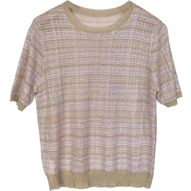 

Fashion Striped Short Sleeve T-Shirt Women Korean O-Neck Knitted Tops 2021 Summer Chic Knitwear Pullover Tee Womens Clothing