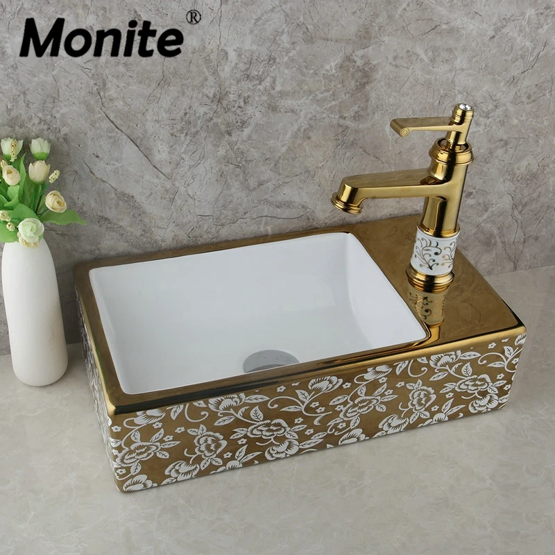 

Monite Golden Polish Ceramic Washbasin Vessel Lavatory Basin Bathroom Sink Bath Combine Brass Faucet Mixers & Taps
