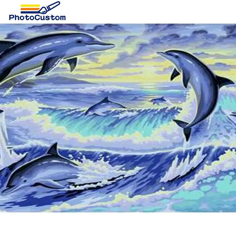 

PhotoCustom Dolphin DIY Painting By Numbers sea For Adults Handpainted Kits DIY Minimalist Style Landscape DIY Gift Home Decor
