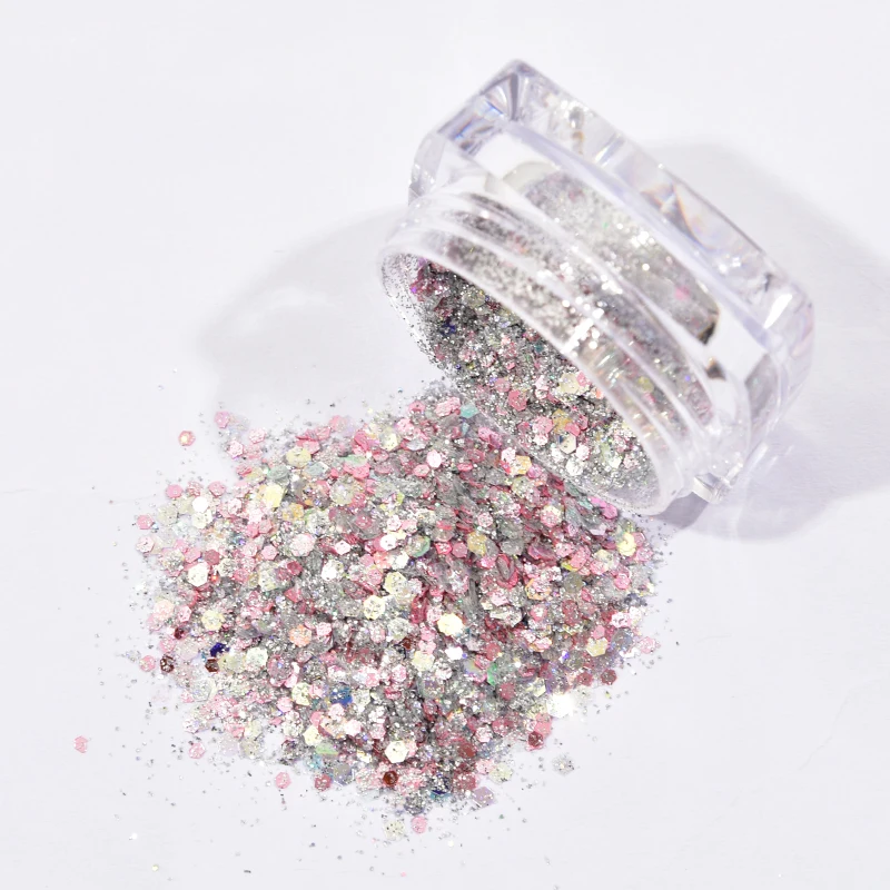 Набор из 6 штук грубого голографического флейк-порошка для нейл-арта с разнообразными гексагональными радужными лазерными дизайнами для декорирования ногтей "Металлические хлопья".