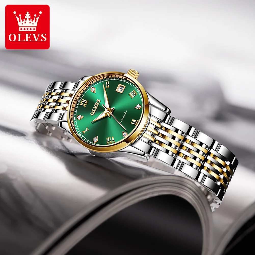 OLEVS 2021 Fashion Business Ladies Luxury Automatic Watch Mechanical Stainless Steel Waterproof Green Ladies Bracelet Watch 6602