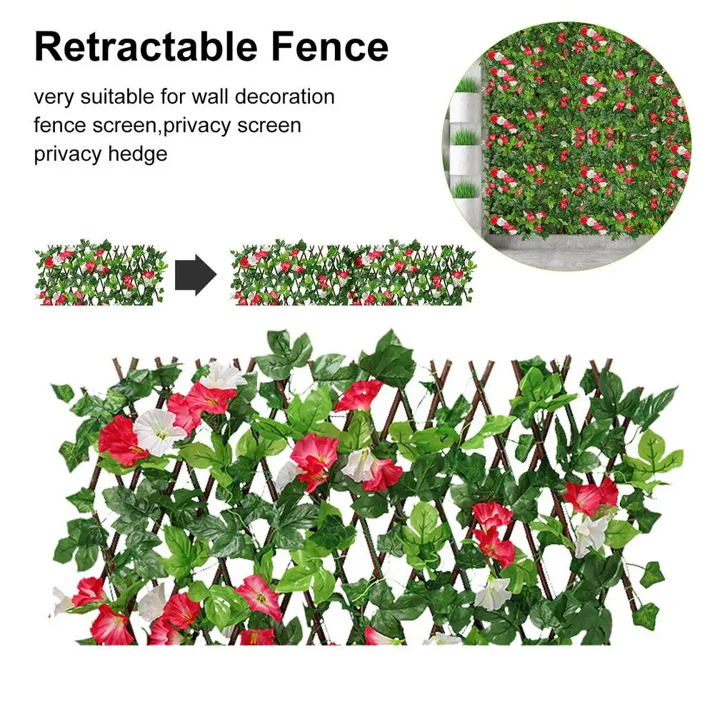 

Artificial Wooden Fence Expandable Faux Ivy Leaf Flowers Privacy Fence Garden Lawn Landscape Edging Hedge Patio Privacy Screen