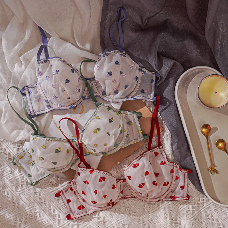 

Embroidered love double layer fine yarn translucent lingerie sexy ultra-thin soft memory steel ring bra set non-bump underwear