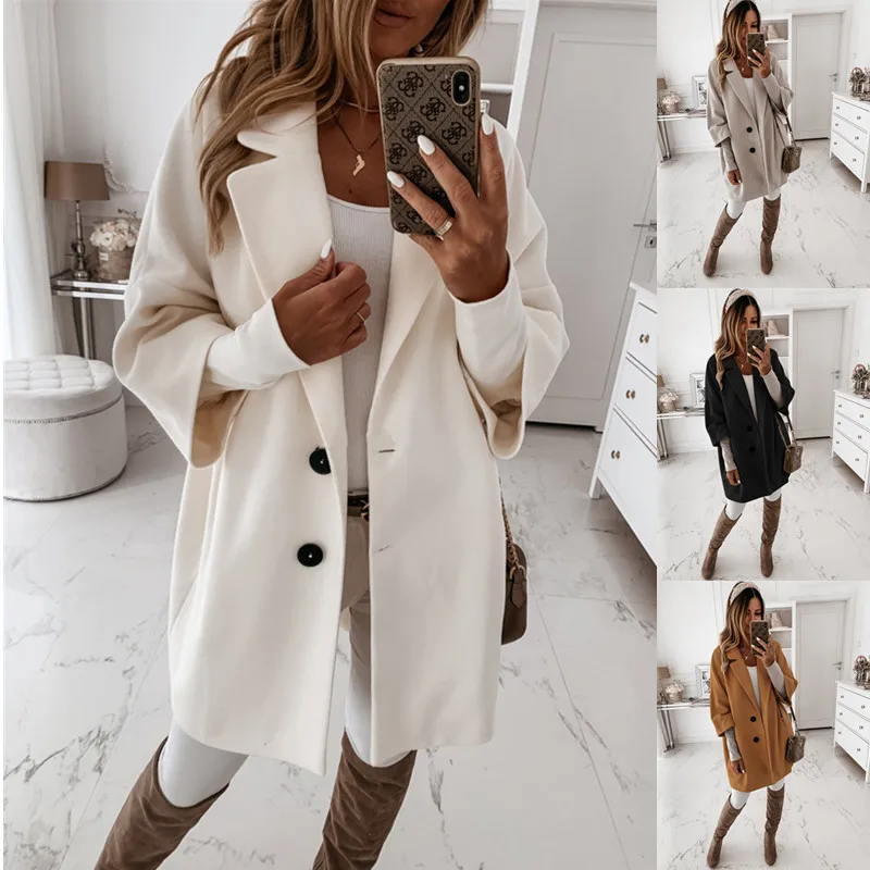 

2020 Autumn Three-Quarter Sleeve Two Buttons Lapel Pocket Woolen Coat Women's Med-Length White Black Winter Plush Warm Overcoat