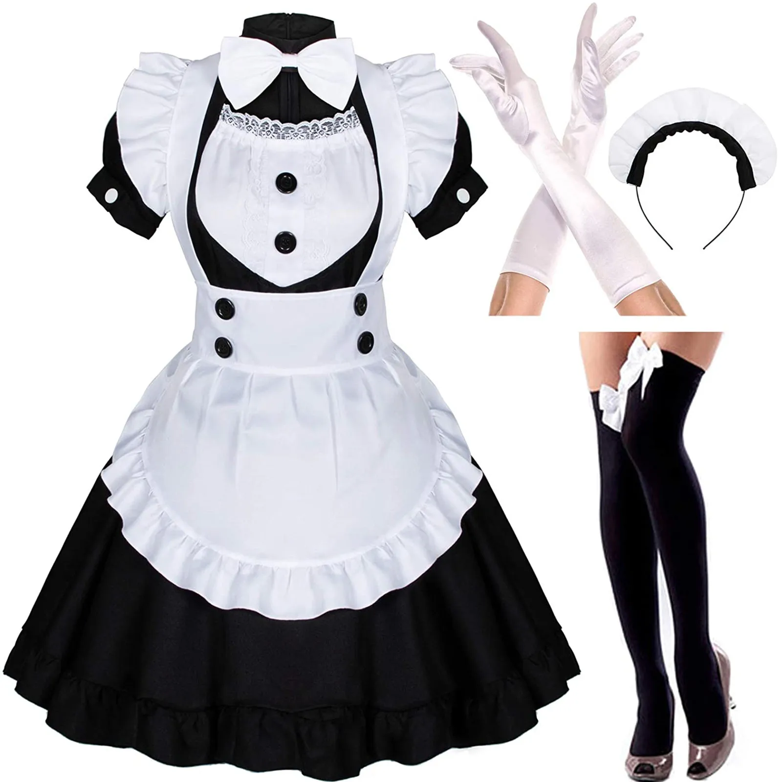 

Women Maid Outfit Anime Long Dress Black and White Apron Dress Lolita Dresses Men Cafe Costume Cosplay Costume Горничная Mucama