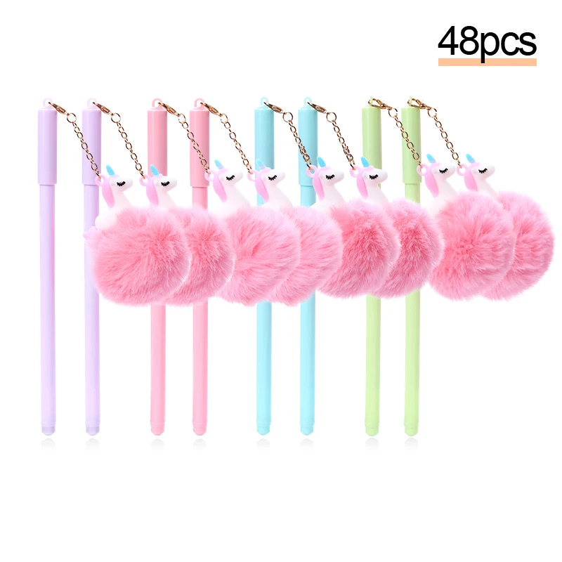 

48pcs/set Fantastic Cute Unicorn Gel Pen Kawaii Animal Cat Duck Rabbit Fluffy Plush Ball Luxury Feather Kawai School Thing Gift