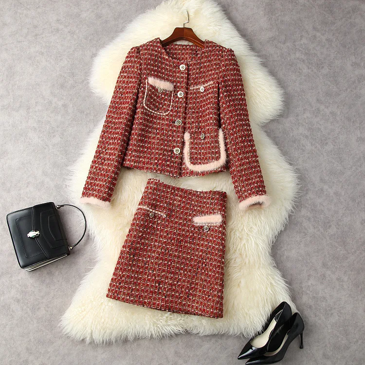 

European and American women's clothing winter 2022 new Long-sleeved mink pocket single-breasted coat skirts fashion Tweed suit