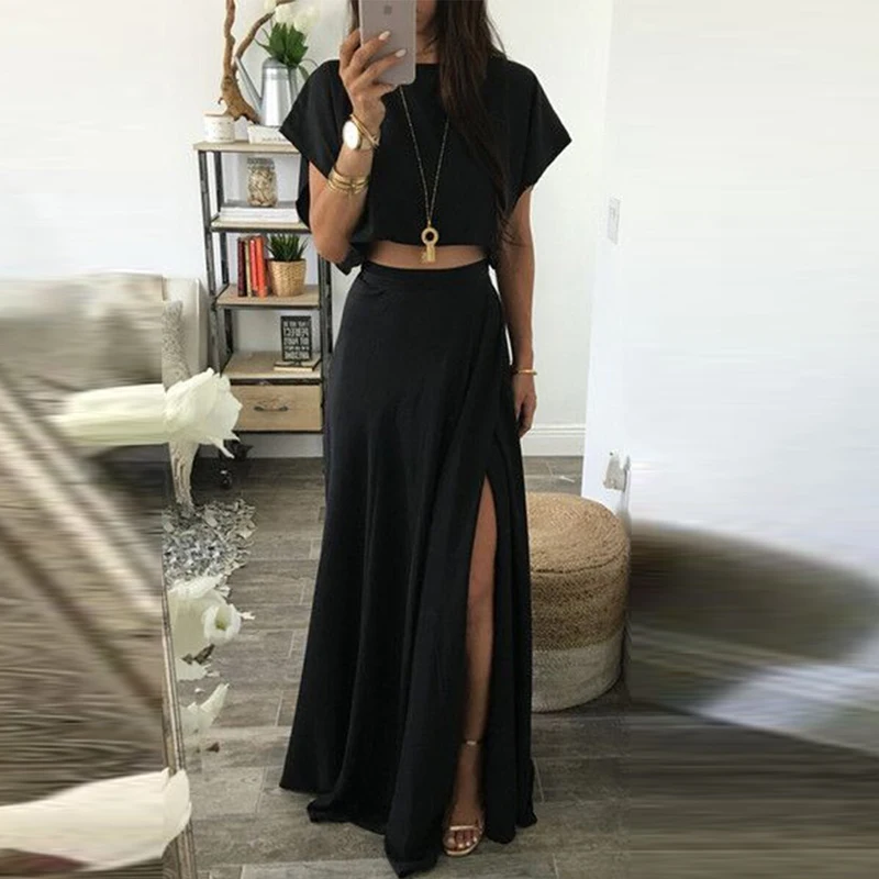 

2021 fashion new solid color ladies skirt suit casual short-sleeved T-shirt and split skirt ladies summer street two-piece suit