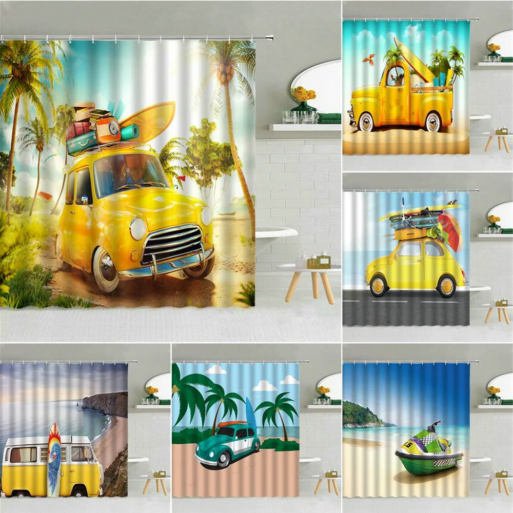 

Car Travel Cartoon Pattern Shower Curtain Surfboard Suitcase Tree Seaside Scenery Bathroom Decor Starry Sky Waterproof Curtains