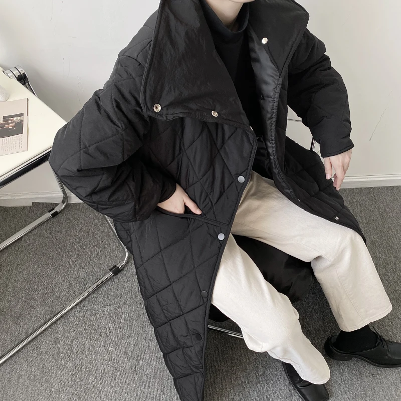 

New Male Japan Korea Streetwear Stand Collar Coat Overcoat Men Winter Cotton Padded Thin Long Parkas Jacket Outerwear