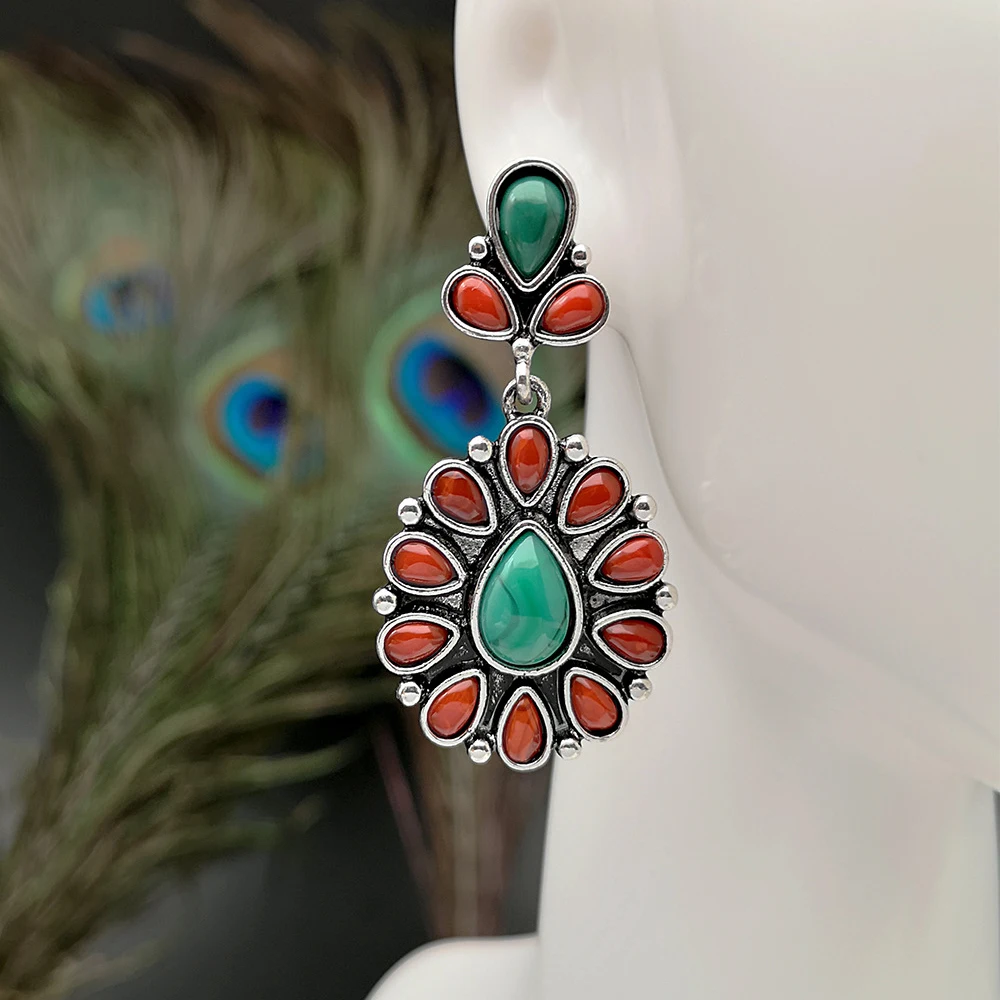 

Fashion Luxury Red Agate Turquoise Mixed Color Gem Pendants Earrings European Retro Malachite Exaggerated for Women Jewelry Gift