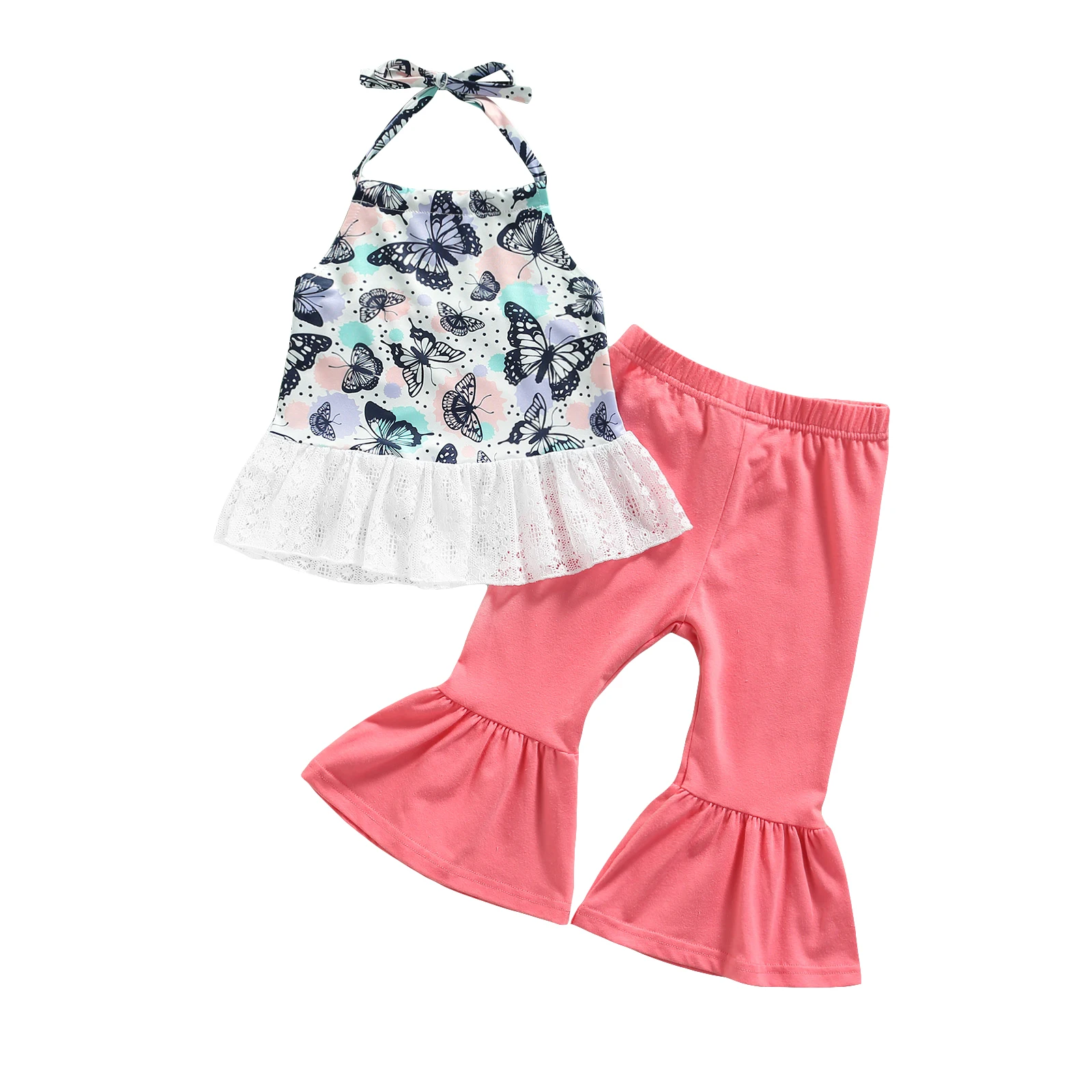

2Pcs Little Girls Outfit Butterfly/Floral Printing Lace Splicing Hanging Neck Sleeveless Tops + Solid Color Bell-bottomed Pants