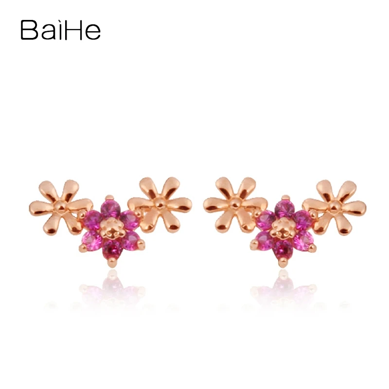 

BAIHE Solid 14K Rose Gold Natural Ruby Flower Stud Earrings Lady Fine Jewelry Making Boucles d'oreilles fleur cluaise bláthanna