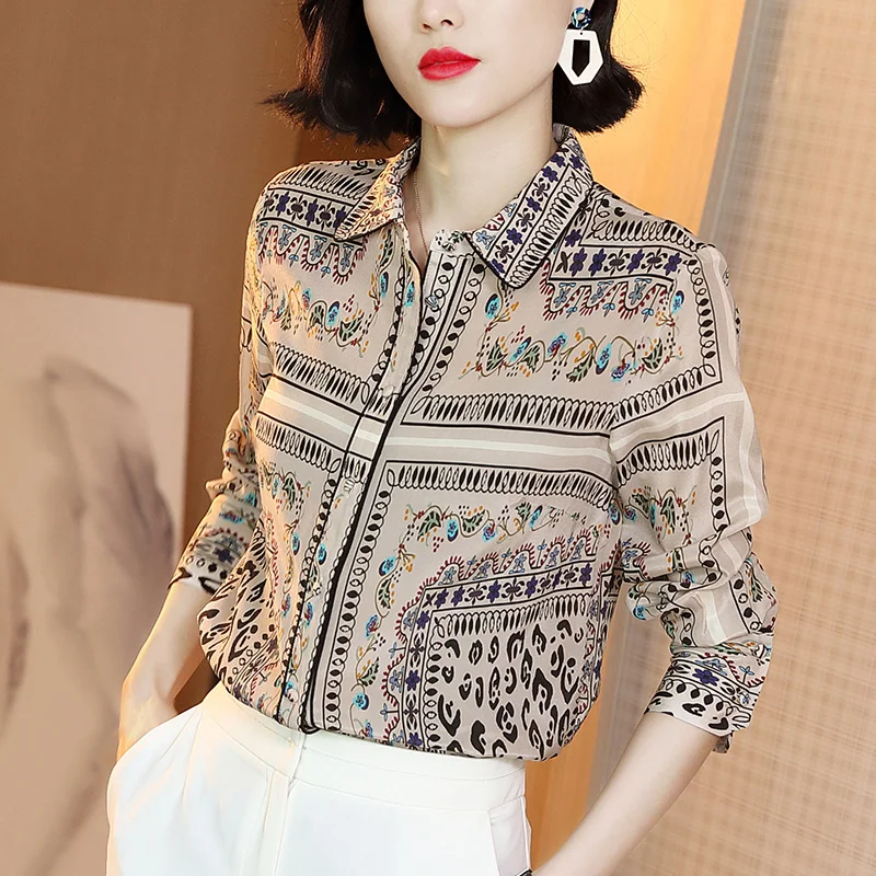 100% Silk Shirt Long Sleeve Top Female Korean Fashion Blouse Women Elegant Spring Autumn Womens Clothing 2021 Ropa Mujer Pph3774