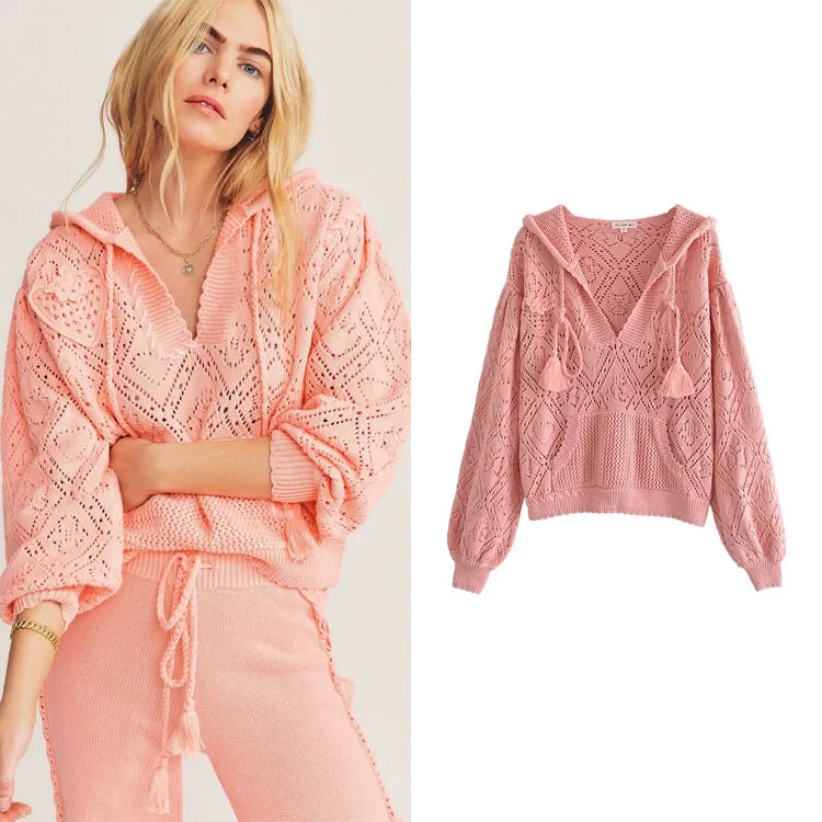 

Женский вязаный свитер с вырезами Za, вязаный пуловер свободного покроя для ранней осени, топ с капюшоном, 2021