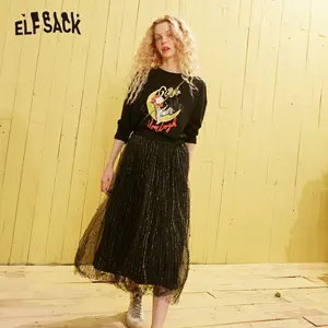 ELFSACK, черная, в горошек, сетчатая, с эластичной талией, многослойная юбка для женщин, весна 2020, Золотая шелковая вышивка, Корейская женская юбка на каждый день