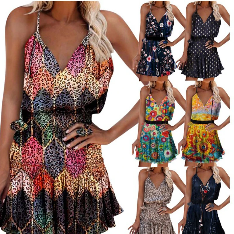 

Summer Vintage Elegant Women's Dress Sexy V-Neck Flower Printed Sleeveless Ruffled Suspender Plus Size Lady Dresses 2021 Fashion