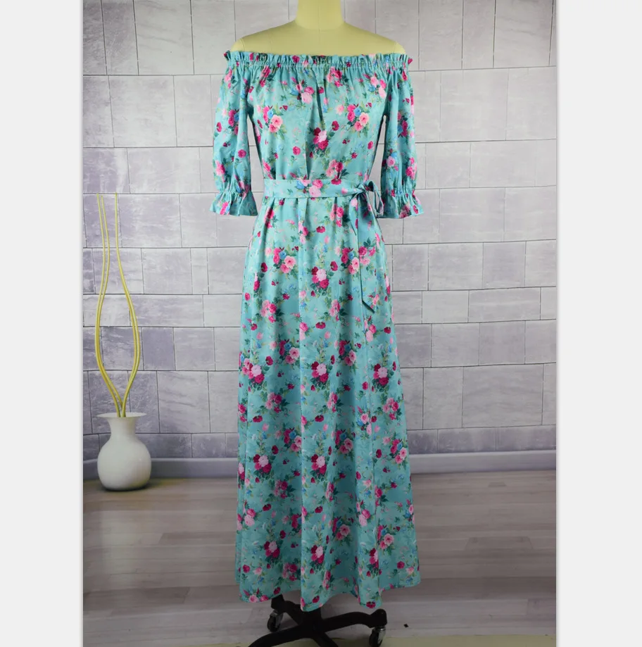 

Light blue women sexy off shoulder slash neck half sleeve flower print maxi dress women 3xl summer dress vestido azul