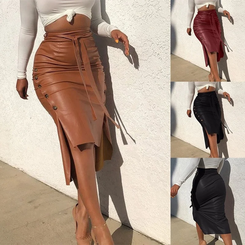 

Women PU Leather Midi Skirt Solid Color High Waist Lace-up Side Button Slim Skinny Pencil Skirt for Ladies Streetwear X1