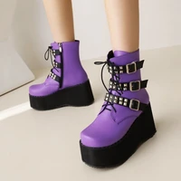 womens ankle boots purple round toe wedges lace up bootas pu leather buckle side zip booties platform fall winter concise
