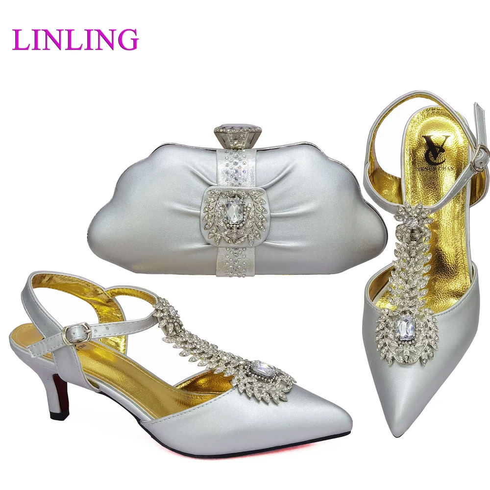 

2021 Novelty Silver Color Ladies Shoes And Bag To Match Set Italian design High Heels Party Women Shoes and Bag Set For Wedding
