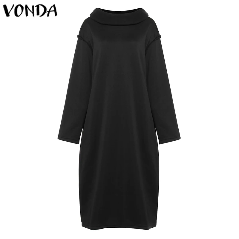 Осеннее платье с капюшоном и длинным рукавом VONDA, Женское зимнее однотонное повседневное Свободное длинное платье Vestidos, женское платье размера плюс 5XL