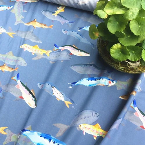

Sea Fish pattern high-end Ramie linen digital printed fabric delicate robe dress fabric women's fabric