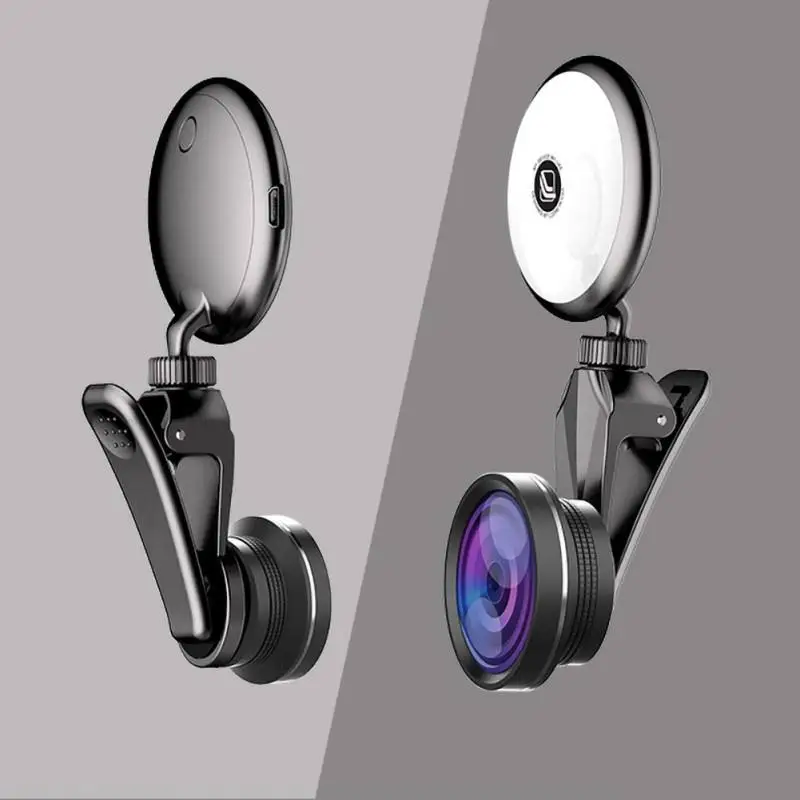 

smartphone webcam RK19s led fill light selfie ring light with phone lens fisheye wide angle macro lens
