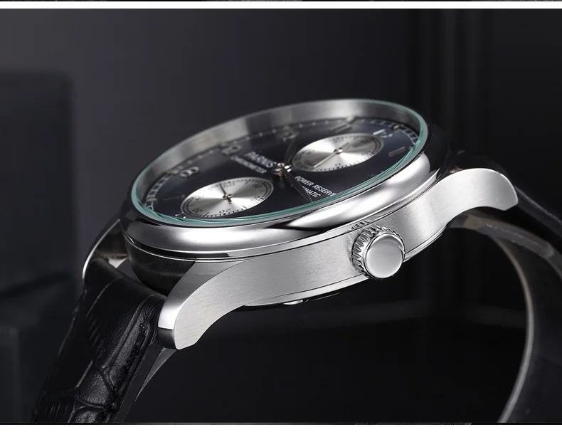 Parnis 43mm Silver Case Automatic Mechanical Men's Watch Power Reserve Black Leather Strap Men Watches heren horloge Luxury