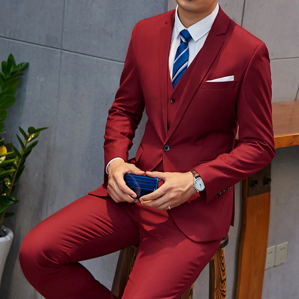 

Костюм-тройка для мужчин, модный эксклюзивный деловой костюм (Блейзер + брюки + жилет), однотонный классический мужской свадебный костюм