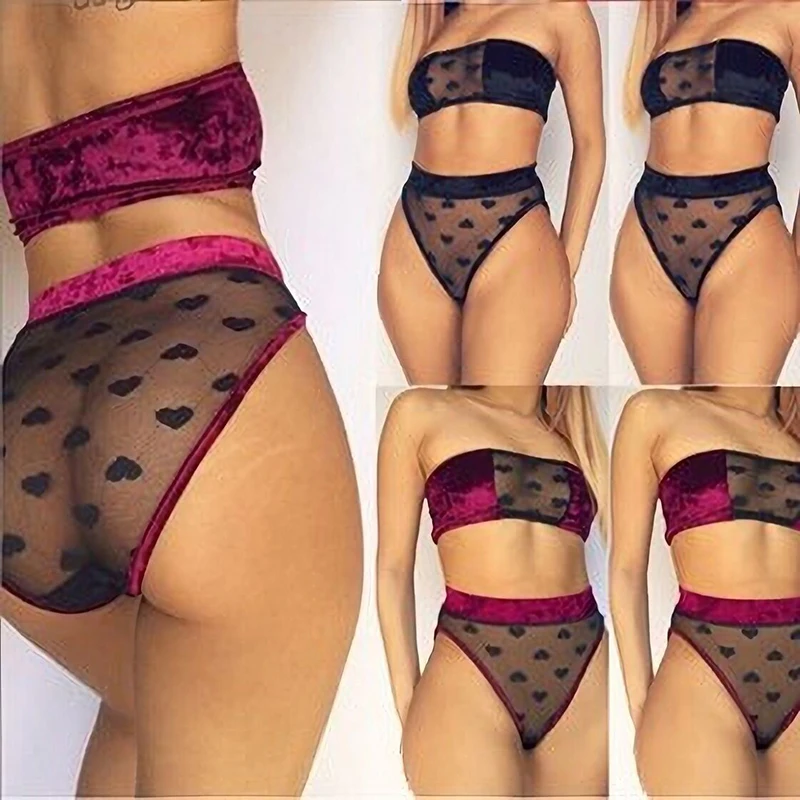

BKLD 2020 New Style Sexy Lingerie Sets Heart Printed Mesh Patchwork See-through Tube Top + Panties Women Charming 2 Pieces Suits