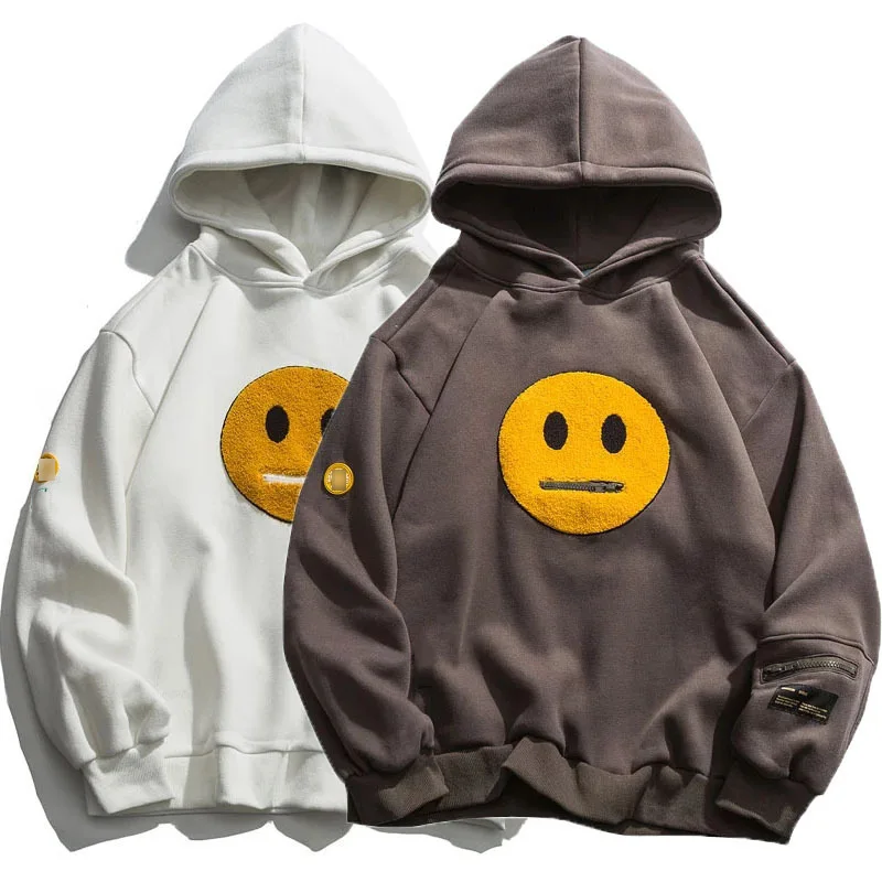 

Harajuku Hoodies Male Tops Zipper Pocket Smile Face Patchwork Fleece Sweatshirts Streetwear Mens Hip Hop Casual Pullover Hooded