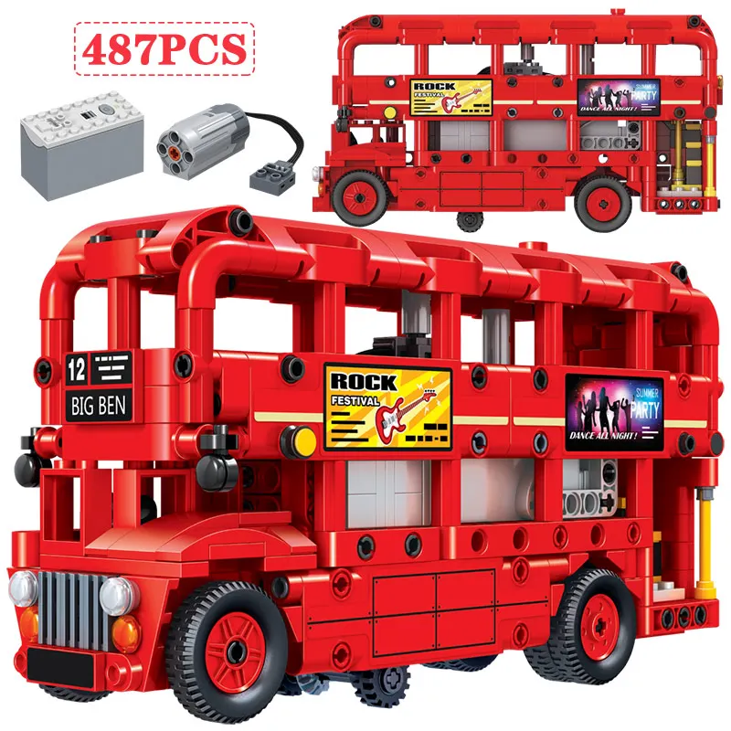 

487pcs City Technical Double Layer London Red Bus Model Building Blocks Car Electric Traffic Bus Bricks Toys for Chlidren Gifts
