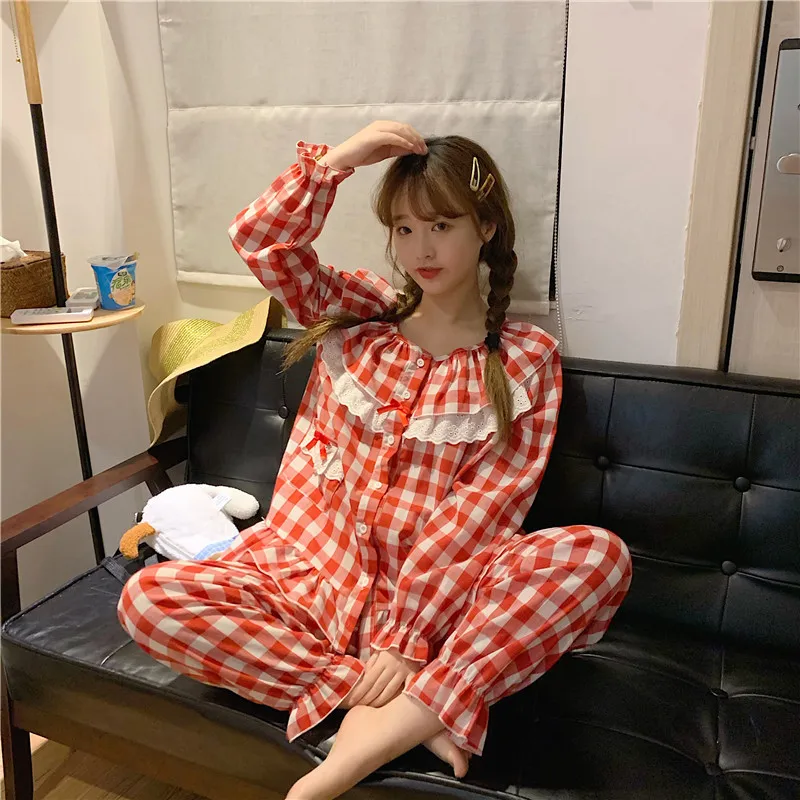 

XIFER Fall 2020 Korean Version of Sweet Lotus Leaf Bow Plaid WOMENS Pajamas Home WEAR Two-piece SET