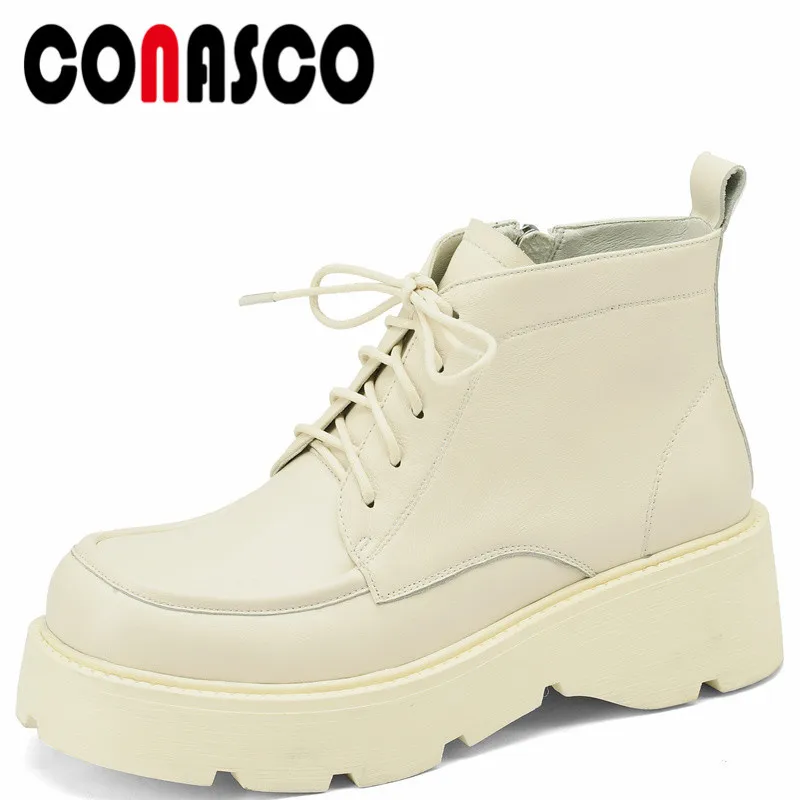 

CONASCO New Punk Women Ankle Boots Autumn Winter Warm Cow Leather Party Basic Prom Office New Brand Gigh Platforms Shoes Woman