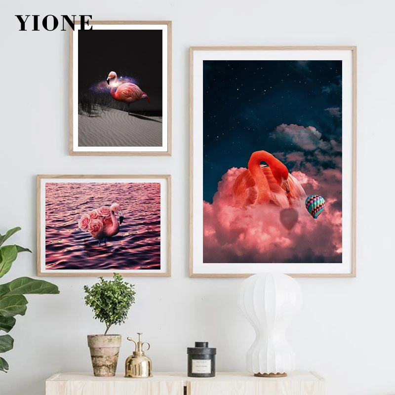 

Pink Rose Flamingo Art Print Canvas Paintings Abstract Desert Starry Sky Animal Poster Wall Picture Print Living Room Home Decor