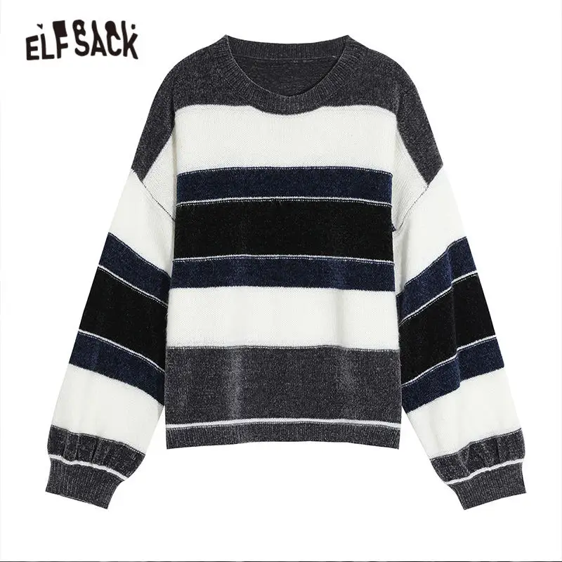 ELFSACK Striped Colorblock Women Pullovers Sweaters 2019 Winter Mohair Drop Shoulder Sleeve Office Ladies Basics Tops | Женская одежда