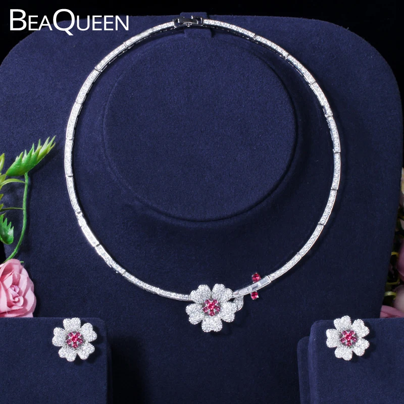 BeaQueen Изысканный CZ Роза Красный цветок колье серьги кубический циркон Кристалл
